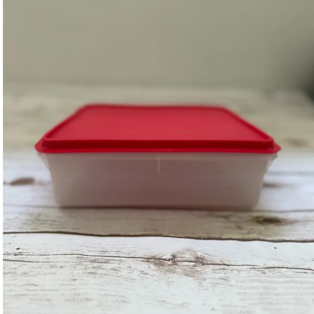 Tupperware Storage Container Red Clear Vintage Square Seal 9.5in 2.5in H
